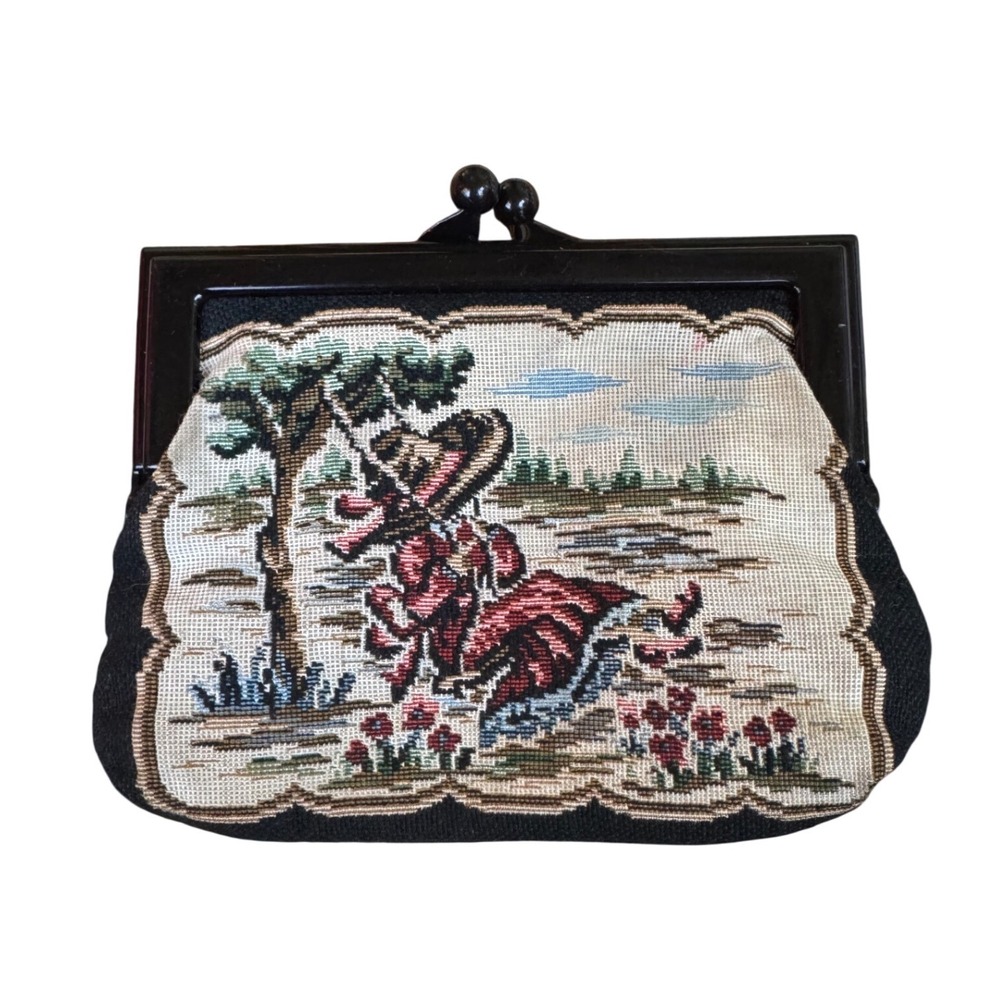 Vintage Tapestry Kiss Lock Coin Purse Scenic Needlepoint Victorian Style Black